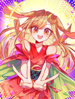 Rule 34 | 1girl, :d, animal ears, artist request, bare shoulders, blonde hair, brown eyes, chinese commentary, cho kaguya-hime!, commentary request, commission, cowboy shot, crescent, crescent hair ornament, double v, hair ornament, highres, japanese clothes, kaguya (cho kaguya-hime!), kimono, long hair, looking at viewer, lop rabbit ears, obi, open mouth, rabbit ears, red kimono, sash, second-party source, smile, solo, standing, v