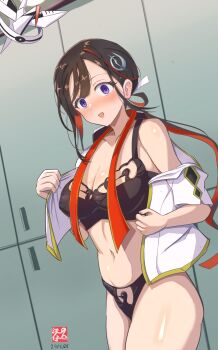 1girl :o animal_cutout black_bra black_hair black_panties blush bow bowtie bra breasts cleavage collared_shrug cowboy_shot crane_print fate/grand_order fate_(series) hair_bow hair_ornament hairpin highres indoors jeunesse_crane_(fate) jeunesse_crane_(second_ascension)_(fate) large_breasts locker locker_room long_hair looking_at_viewer low_ponytail midriff miss_crane_(fate) multicolored_hair navel nose_blush origami panties paper_crane partially_undressed ponytail purple_eyes raised_eyebrows red_bow red_bowtie red_hair short_sleeves shrug_(clothing) solo tetsu_no_samurai thighs two-tone_hair underwear undone_bowtie undressing white_shrug