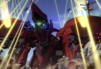 absurdres artist_request beam_cannon blurry blurry_foreground debris drone dust_cloud electricity energy energy_beam firing flying glowing gundam gundam_perfect_file gundam_unicorn highres machinery magazine_scan mecha mecha_focus mobile_armor neo_zeon no_humans official_art robot scan scene_reference science_fiction shamblo