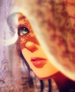 1girl brown_hair esther_shen floral_pattern grey_eyes lipstick makeup nose open_mouth solo veil
