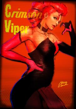 1girl asymmetrical_gloves bare_shoulders black_choker black_dress black_gloves breasts character_name choker collar commentary crimson_viper dark-skinned_female dark_skin dress drill_hair earrings elbow_gloves gloves gomoku_0318 hair_slicked_back hand_on_own_hip highres jewelry lips lipstick looking_at_viewer makeup medium_breasts mismatched_gloves official_alternate_costume pantyhose pink_gloves pompadour red_gloves red_hair single_elbow_glove solo strapless strapless_dress street_fighter street_fighter_6