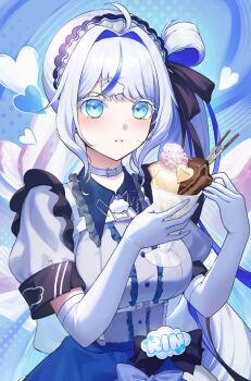 Rule 34 | 1girl, ahoge, aokumo rin, belt, black bow, black bowtie, black ribbon, blue bow, blue bowtie, blue eyes, blue hair, bow, bowtie, breasts, center frills, choker, cloud hair ornament, dress, elbow gloves, food, frilled dress, frills, gloves, hair ribbon, hair rings, hashtag-only commentary, heart, high belt, highres, holding, holding food, large breasts, lucyqer, maid headdress, multicolored hair, name tag, parfait, ribbon, short sleeves, side ponytail, solo, stellive, streaked hair, virtual youtuber, white choker, white dress, white gloves, white hair