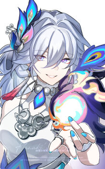 1girl artist_name blue_eyes blue_nails bracelet breasts clothing_cutout commentary_request earrings fur_trim hanaki0504 highres honkai:_star_rail honkai_(series) jewelry long_hair medium_breasts necklace peacock_feathers_hair_ornament ring single_earring sleeveless smile tassel white_hair yao_guang_(honkai:_star_rail)