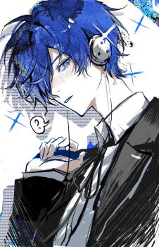Rule 34 | 1boy, ?, arm up, black jacket, black ribbon, blue eyes, blue hair, blush, collared shirt, e666lofter4, gekkoukan high school uniform, hashtag-only commentary, headphones, highres, jacket, layered sleeves, long sleeves, looking to the side, male focus, neck ribbon, parted bangs, parted lips, persona, persona 3, profile, ribbon, school uniform, shirt, sketch, solo, speech bubble, spoken question mark, upper body, white shirt, wing collar, yuuki makoto (persona 3)