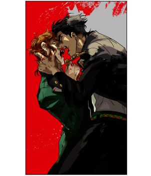 Rule 34 | 2boys, absurdres, beet (vhvt5535), black border, black hair, black jacket, black pants, blood, blood on face, blood on hands, border, brown hair, chain, cherry earrings, earrings, food-themed earrings, food themed earrings, gakuran, green eyes, green jacket, grey background, grey nails, hand on another's neck, highres, holding, holding chain, jacket, jewelry, jojo no kimyou na bouken, kakyoin noriaki, kuujou joutarou, male focus, multiple boys, open mouth, paneled background, pants, red background, red eyes, school uniform, shirt, stardust crusaders, triangle print, two-tone background, white shirt, yaoi