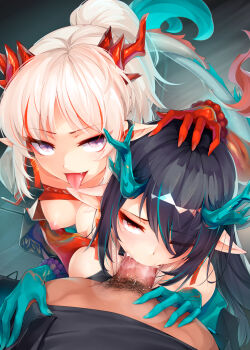 Rule 34 | 1boy, 2girls, arknights, bead bracelet, beads, bisexual female, black hair, blue hair, bracelet, braid, breasts, commentary, dragon horns, dragon tail, dusk (arknights), english commentary, eyes visible through hair, fang, fellatio, groping, hair over one eye, hand on another's head, highres, hood, hoodie, horns, irrumatio, jewelry, large breasts, looking at viewer, male pubic hair, multicolored hair, multiple girls, nian (arknights), nipples, one eye closed, open mouth, oral, penis, pointy ears, ponytail, pov, pubic hair, purple eyes, red eyes, red hair, ricegnat, sexual coaching, siblings, side braid, sisters, streaked hair, tail, tongue, tongue out, tsurime, two-tone hair, white hoodie, wince