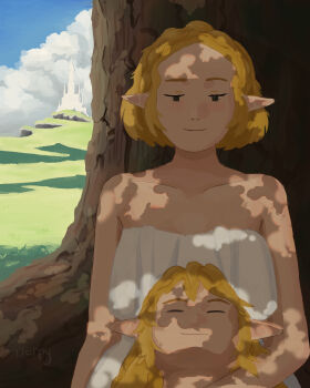 absurdres castle casual commentary couple english_commentary highres link lying nintendo non-web_source on_stomach princess_zelda sleeping the_legend_of_zelda the_legend_of_zelda:_breath_of_the_wild tree