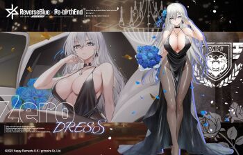 1girl black_choker black_dress blue_flower blue_petals blue_rose bouquet breasts chandelier character_request choker commentary_request copyright_name copyright_notice dress falling_petals flower grey_eyes grey_hair hair_flower hair_ornament highres holding holding_bouquet jewelry long_hair necklace pelvic_curtain petals reverseblue_x_re-birthend rose sleeveless sleeveless_dress solo teddypocky