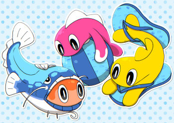 ball beachball black_eyes blue_background bright_pupils commentary_request dondozo fish flip-flops looking_down naru_(wish_field) nintendo no_humans pokemon pokemon_(creature) polka_dot polka_dot_background sandals tatsugiri tatsugiri_(curly) tatsugiri_(droopy) tatsugiri_(stretchy) white_pupils