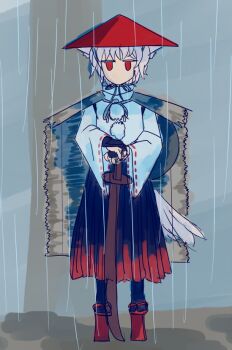 1girl animal_ears black_skirt conical_hat full_body geta holding holding_sword holding_weapon inubashiri_momiji long_sleeves looking_at_viewer miikkadd planted planted_sword planted_weapon pom_pom_(clothes) rain red_eyes red_shoes red_skirt shoes skirt solo straight-on sword tail tengu-geta touhou two-tone_skirt weapon white_hair wide_sleeves wolf_ears wolf_girl wolf_tail wooden_sword
