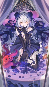 1girl absurdres bare_shoulders black_dress black_gloves black_thighhighs breasts commentary dragon_wings dress fate/grand_order fate_(series) flower forked_eyebrows gloves hair_flower hair_ornament highres licking_lips light_(nightty45) long_hair looking_at_viewer melusine_(fate) sidelocks small_breasts smile solo symbol-only_commentary thighhighs three-quarter_sleeves tongue tongue_out white_hair wings yellow_eyes