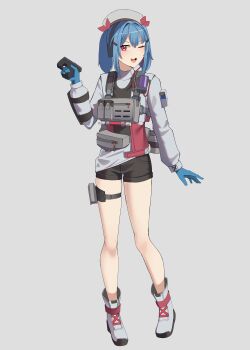 1girl ;d absurdres beret black_shorts blue_gloves blue_hair boots colphne_(girls'_frontline_2) commentary full_body gar32 girls'_frontline girls'_frontline_2:_exilium gloves grey_background grey_boots grey_hat grey_shirt gun hair_ribbon hand_up hat highres holding holding_gun holding_weapon long_sleeves looking_at_viewer one_eye_closed open_mouth puffy_long_sleeves puffy_sleeves red_eyes red_ribbon ribbon shirt shorts simple_background smile solo standing twintails weapon weapon_request