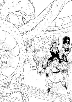 Rule 34 | 1other, 2boys, 2girls, armor, bikini armor, bulma, cape, chi-chi (dragon ball), clenched hands, clenched teeth, cloud, cosplay, creator connection, crossover, dragon, dragon ball, dragon ball (classic), dragon quest, dragon quest iii, eastern dragon, erdrick's sword, gloves, gvdygdu, hat, helmet, holding, holding shield, holding staff, husband and wife, kuririn, long hair, merchant (dq3), merchant (dq3) (cosplay), midriff, mitre, monochrome, multiple boys, multiple girls, muscular, muscular male, polearm, priest (dq3), priest (dq3) (cosplay), roto (dq3), roto (dq3) (cosplay), scared, shield, son goku, spear, spiked hair, staff, sweatdrop, sword, sword on back, tabard, teeth, toriyama akira (style), tunic, turban, vest, warrior (dq3), warrior (dq3) (cosplay), weapon, weapon on back, winged helmet