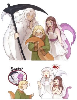 Rule 34 | 3girls, arms behind back, blonde hair, blue eyes, braid, braided hair rings, brown hair, colored eyelashes, company captain yorshka, dark souls (series), dark souls i, dark souls iii, donar0217, dragon girl, dragon tail, elden ring, english text, female focus, green eyes, green robe, hair rings, holding, holding own tail, holding scythe, jitome, korean commentary, long hair, long sleeves, looking at another, multiple girls, no, notice lines, pointing, pointing at another, pointy ears, priscilla the crossbreed, robe, rya (elden ring), scythe, simple background, snake girl, snake tail, sweat, tail, trait connection, twin braids, white background, white hair, wide sleeves, yellow eyes