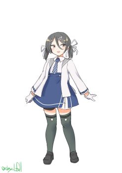 Rule 34 | 1girl, absurdres, bike shorts, bike shorts under skirt, black hair, black thighhighs, blazer, blue dress, brown eyes, commentary request, dress, full body, hair between eyes, highres, inagi (kancolle), inagi kai ni (kancolle), jacket, kantai collection, long hair, loose hair strand, necktie, one-hour drawing challenge, robinson (day l full), simple background, solo, striped necktie, thighhighs, twintails, white background, white jacket