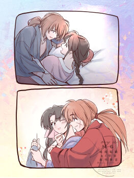 1boy 1girl absurdres artist_name bed_sheet black_hair blue_kimono braid commentary_request couple cross_scar facial_scar grey_shirt hair_between_eyes hair_ribbon hair_tie hand_on_another's_chin hetero highres himura_kenshin holding_sewing_needle hug hug_from_behind japanese_clothes kamiya_kaoru kimono long_hair low_ponytail multiple_views one_eye_closed open_mouth oyu_kuda_sai parted_bangs parted_lips pink_ribbon pink_shirt ponytail red_shirt ribbon rurouni_kenshin scar scar_on_cheek scar_on_face sewing shirt sidelocks single_braid smile twitter_username upper_body