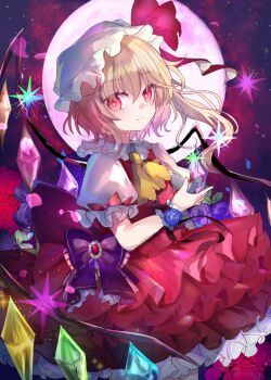 1girl ascot blonde_hair bow closed_mouth collared_shirt commentary_request crystal crystal_wings embellished_costume flandre_scarlet flower frilled_shirt_collar frilled_skirt frills full_moon hat highres kazu_(muchuukai) looking_at_viewer mob_cap moon multicolored_wings one_side_up puffy_short_sleeves puffy_sleeves purple_flower purple_rose red_bow red_eyes red_flower red_rose red_skirt red_vest rose shirt short_sleeves skirt skirt_set sleeve_bow solo torn_ascot torn_clothes touhou vest white_hat white_shirt wings wrist_cuffs yellow_ascot