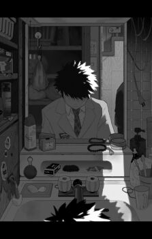 1boy aged_down alarm_clock bath_brush bathroom beads blazer cable cleaning_rag clock cup depressed facing_down faucet greyscale highres jacket kazama_souya kzmsnmjkk letterboxed long_sleeves male_focus mirror monochrome necktie night plug prayer_beads razor reflection reflection_focus safety_razor school_uniform shampoo_bottle shelf short_hair sink soap solo spiked_hair spray_can tassel tile_wall tiles toothbrush world_trigger