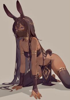 1girl absurdres all_fours animal_ear_fluff animal_ears armlet bare_hips bare_shoulders breasts bridal_gauntlets brown_hair cleavage dancer dark-skinned_female dark_skin frown gold_armlet groin harem_outfit highres huge_filesize jewelry light_frown long_hair looking_ahead medium_breasts mouth_veil neck_ring original pelvic_curtain purple_eyes rabbit_ears rabbit_girl rabbit_tail skindentation solo stirrup_legwear tail thighhighs toeless_legwear txooxt veil very_long_hair