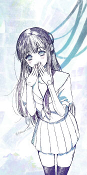 1girl ai_(shining_nikki) artificial_intelligence blue_background blue_eyes cable closed_mouth commentary_request covering_own_mouth cowboy_shot eyelashes greyscale_with_colored_background happy headphones highres kohanai_setsuna light_blush long_hair long_sidelocks looking_at_viewer miniskirt neckerchief nikki_(series) pleated_skirt puffy_short_sleeves puffy_sleeves sailor_collar school_uniform seams serafuku shining_nikki shirt short_sleeves sidelocks skirt smile solo spot_color standing thighhighs twitter_username very_long_hair zettai_ryouiki