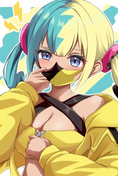 1girl absurdres bandeau blue_eyes blush breasts canari_(pokemon) cleavage commentary eyelashes highres holding jacket lightning_bolt_symbol long_sleeves mask mouth_mask multicolored_hair nintendo pokemon pokemon_legends:_z-a raised_inner_eyebrows ryoootaso_(pinkii) short_twintails solo twintails upper_body yellow_bandeau yellow_jacket