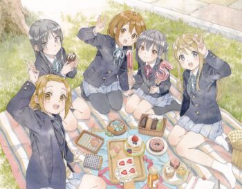 Rule 34 | 5girls, absurdres, akiyama mio, anniversary, artbook, black hair, blonde hair, blue eyes, blush, bottle, brown eyes, brown hair, cake, candy, donut, food, full body, grass, grey eyes, highres, hirasawa yui, holding, horiguchi yukiko, k-on!, kneehighs, kotobuki tsumugi, long hair, looking at viewer, multiple girls, nakano azusa, official art, open mouth, outdoors, pantyhose, picnic, picnic blanket, pleated skirt, sakuragaoka high school uniform, scan, school uniform, short hair, sitting, skirt, smile, socks, tainaka ritsu, third-party source, twintails, v, wariza, winter uniform, yellow eyes