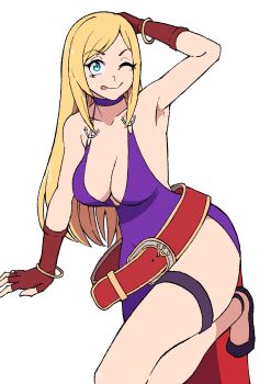 1girl b._jenet b.jenet blonde_hair breasts curvy dress female_focus green_eyes huge_breasts large_breasts long_hair looking_at_viewer muh_leak muhleak muhxleak pale_skin skirt smile smiley_face the_king_of_fighters thick_thighs thighs tongue tongue_out