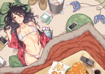 1girl bikini black_hair blush book breasts cellphone commentary_request condom condom_wrapper controller cup cushion food fruit game_controller gamecube_controller hair_between_eyes japanese_clothes kotatsu long_hair looking_at_viewer lying medium_breasts on_back on_floor orange_(fruit) orange_peel original phone remote_control rug slippers smartphone solo sweat swimsuit table tatami tissue_box trash_can unworn_slippers wantan_meo white_bikini yellow_eyes