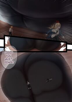 1boy 2girls absurdres ass ass_focus black_pants butt_crush buttcrush chainsaw_man crushing denji_(chainsaw_man) giant giantess highres huge_ass kentaryu makima_(chainsaw_man) mini_person miniboy minigirl multiple_girls pants pantylines power_(chainsaw_man) sitting sitting_on_person tight_clothes tight_pants
