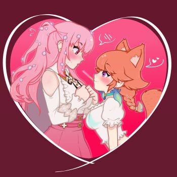 2girls absurdres animal_ears blush breasts cleavage earrings feather_earrings feathers gradient_hair green_hair hair_petal highres hololive hololive_english jewelry large_breasts long_hair mori_calliope mori_calliope_(kawaiiope) multicolored_hair multiple_girls nano_(fushide) official_alternate_costume open_mouth orange_hair pink_hair purple_eyes red_eyes simple_background skirt smile takanashi_kiara takanashi_kiara_(casual) virtual_youtuber yuri