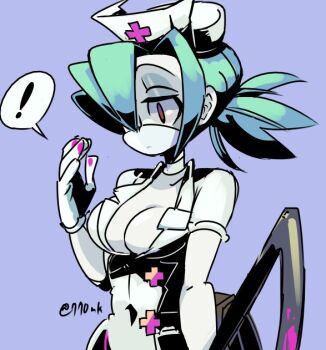 ! 1girl 770mk bad_id bad_pixiv_id bad_twitter_id belt_pouch blood blood_on_hands blood_splatter bloody_weapon blue_background bonesaw breasts choker cleavage covered_navel gloves green_hair hair_over_one_eye hat holding holding_weapon large_breasts latex latex_gloves mouth_mask nurse_cap pink_eyes ponytail pouch saw skullgirls solo speech_bubble surgical_mask upper_body valentine_(skullgirls) weapon