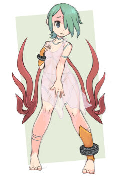 1girl absurdres barefoot bracelet breath_of_fire breath_of_fire_v closed_mouth dress facial_mark full-body_tattoo full_body green_hair hair_over_one_eye hashtag-only_commentary highres jewelry nina_(breath_of_fire_v) okera panties red_wings see-through_clothes see-through_dress short_hair solo tattoo underwear white_dress white_panties wings