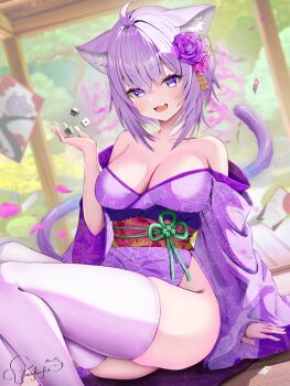 1girl animal_ear_fluff animal_ears bare_shoulders blurry blurry_background breasts cat_ears cat_girl cat_tail cleavage dice flower hair_flower hair_ornament highres hololive japanese_clothes kimono large_breasts medium_breasts nekomata_okayu off_shoulder purple_eyes purple_flower purple_hair purple_kimono sitting skindentation solo tail thighhighs torakichi_888 virtual_youtuber white_thighhighs