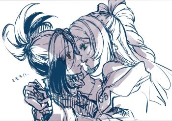 2girls brown_eyes dendra_(pokemon) from_side green_eyes hand_on_another&#039;s_chin highres imminent_kiss long_hair long_sleeves looking_at_another mipokec miriam_(pokemon) monochrome multiple_girls nintendo open_mouth pokemon pokemon_sv spot_color twitter_username upper_body yuri