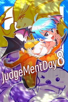 1girl 2boys :3 ahoge alternate_color animal_print bat_print blue_border blue_eyes blue_hair border bridal_gauntlets casa caustics checkered_border claws closed_mouth commentary_request covering_own_mouth darkstalkers demon_girl demon_wings drop_shadow english_text fangs fins frilled_bridal_gauntlets from_side hand_over_own_mouth hand_up head_fins head_wings highres leotard lilith_(darkstalkers) looking_at_viewer merman monochrome_background monster_boy multiple_boys one_eye_closed open_mouth orange_bridal_gauntlets orange_pantyhose pantyhose paw_up purple_eyes purple_leotard rikuo_(darkstalkers) sasquatch_(darkstalkers) short_hair smile solo_focus strapless strapless_leotard v-shaped_eyebrows white_background white_fur wings