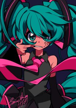 1girl 39 bare_shoulders black_shirt black_skirt black_sleeves blue_eyes blue_hair collared_shirt detached_sleeves hair_between_eyes hatsune_miku long_hair long_necktie looking_at_viewer mouth_pull necktie pink_necktie sameyama_jiro sharp_teeth shirt signature simple_background skirt sleeveless sleeveless_shirt solo teeth twintails very_long_hair vocaloid wide_sleeves