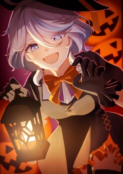 1girl absurdres furina_(genshin_impact) genshin_impact ghost_pose halloween halloween_costume hat highres jack-o&#039;-lantern lantern large_hat mismatched_pupils pumpkin solo watatai witch witch_hat