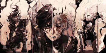 1boy 1girl absurdres armor black_gloves black_hair blood blood_from_mouth blood_in_hair blood_on_clothes blood_on_face breastplate clenched_teeth commentary crown english_commentary fingerless_gloves full_body gloves hairband highres holding holding_sword holding_weapon logicsterrr long_hair looking_at_viewer multiple_views nephis_(shadow_slave) on_one_knee planted planted_sword planted_weapon serious shadow_slave short_hair shoulder_armor smoke split_screen sunny_(shadow_slave) sword teeth weapon white_hair