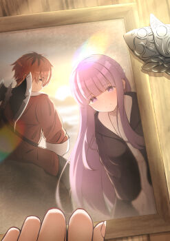 1boy 1girl axe battle_axe black_coat coat commentary_request dress fern_(sousou_no_frieren) hair_ornament highres long_hair looking_back mashiro_(user_65392488) mixed-language_commentary photo_(object) picture_frame pov pov_hands purple_eyes purple_hair red_hair red_shirt shirt short_hair smile sousou_no_frieren stark_(sousou_no_frieren) sun sunrise unworn_hair_ornament very_long_hair weapon weapon_on_back white_dress