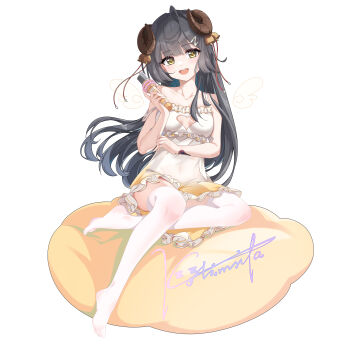 Rule 34 | 1girl, absurdres, arm tattoo, black hair, blunt bangs, breasts, cleavage cutout, clothing cutout, commentary request, detached wings, dress, flower tattoo, frilled dress, frills, full body, gradient clothes, gradient dress, hair ornament, hairclip, heart cutout, highres, holding, holding microphone, horns, kolimiya, long hair, looking at viewer, microphone, mole, mole under eye, no shoes, open mouth, original, signature, simple background, sitting, sleeveless, sleeveless dress, small breasts, smile, solo, strap slip, tattoo, thighhighs, white background, white dress, white thighhighs, wings, yellow dress, yellow eyes