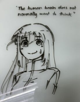 Rule 34 | 1girl, bocchi the rock!, commentary, cropped torso, english text, gotoh hitori, greyscale, hair between eyes, highres, jacket, long hair, looking at viewer, monochrome, nervous smile, one side up, photo (medium), sidelocks, ska.harumi, smile, solo, sweatdrop, track jacket, wavy mouth, white background, whiteboard (medium)