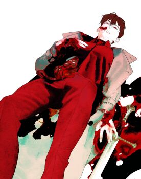 1boy :d black_hair blank_stare blood blood_on_clothes blood_on_hands bow bowtie coat commentary english_commentary exposed_gusset grin guro hand_on_own_chest highres intestines kim_dokja lying nosebleed omniscient_reader's_viewpoint on_back open_clothes open_coat open_mouth organs red_eyes red_shirt shirt shirt_tucked_in short_hair skinned smile solo tix_0314 white_coat