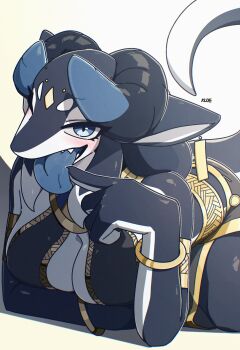 1girl absurdres arm_under_breasts blue_eyes blue_tongue blush borrowed_character bracelet breasts cleavage colored_skin colored_tongue commentary dragon_girl dragon_horns dragon_tail english_commentary fang finger_to_tongue furry furry_female gold grey_skin halterneck highres horns jewelry kloe_mone lehner_(pontarowo) lying multicolored_skin on_stomach open_mouth original simple_background solo tail tongue tongue_out tsurime two-tone_skin white_background white_skin