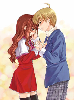 Rule 34 | 1boy, 1girl, blush, holding hands, hetero, kanon, kitagawa jun, misaka kaori, misaki juri, red skirt, school uniform, serafuku, skirt, thighhighs