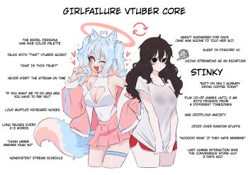 2girls :/ :d absurdres ahoge animal_ear_fluff animal_ears artist_name black_eyes black_hair blue_hair breasts cat_ears clothing_cutout commentary covered_navel cropped_legs dolphin_shorts english_commentary english_text halo heart heart-shaped_pupils heart_ahoge heart_cutout heattech_leotard highleg highleg_leotard highres jacket large_breasts leotard long_hair long_sleeves mamaprofennn multiple_girls off_shoulder open_mouth original pink_hair pink_jacket red_halo red_shorts shirt_tug shorts simple_background smile standing star_(symbol) symbol-shaped_pupils thigh_strap thighs turtleneck twitter_username upper_body virtual_youtuber watermark white_background white_leotard