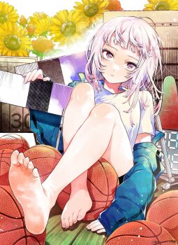 1girl ball bare_legs barefoot basketball_(object) blunt_bangs closed_mouth feet flower foot_focus foreshortening gym_shorts harekawa_shinta highres jacket long_hair looking_at_viewer momose_akira_(hatsukoi) momose_akira_no_hatsukoi_hatan_chuu. red_eyes shirt shorts sitting soles standing standing_on_one_leg sunflower toes track_jacket vaulting_horse white_hair white_shirt wooden_floor