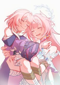 2girls bare_shoulders breasts c2_2825 carrying carrying_person coat commentary_request cyrene_(aedes_elysiae)_(honkai:_star_rail) cyrene_(honkai:_star_rail) cyrene_(ripples_of_past_reverie)_(honkai:_star_rail) dress dual_persona earrings halo honkai:_star_rail honkai_(series) jewelry long_hair medium_breasts multicolored_hair multiple_girls pink_hair pointy_ears purple_coat short_hair simple_background smile two-tone_hair very_long_hair white_background white_dress white_hair