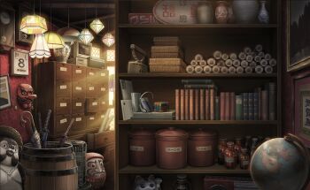 barrel book breasts calendar_(object) chest_of_drawers clock clothes_iron computer crt daruma_doll game_cg hanging_breasts headphones indoors laptop maneki-neko mask monitor no_humans non-web_source official_art pendulum_clock radio rubik&#039;s_cube scenery scroll still_life sword tablet_pc tengu_mask touhou touhou_gensou_eclipse umbrella vase weapon window