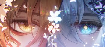 2boys blonde_hair blue_eyes chinese_commentary commentary_request eye_focus facial_tattoo gradient_hair highres honkai:_star_rail honkai_(series) male_focus multicolored_hair multiple_boys mydei_(honkai:_star_rail) phainon_(honkai:_star_rail) qqrobot2 red_hair red_tattoo split_screen tattoo white_hair yellow_eyes