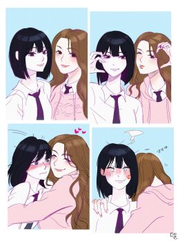 2girls black_eyes black_hair black_necktie blue_background blush brown_hair character_request closed_mouth collared_shirt commentary_request delle_and_anna hand_on_another&#039;s_shoulder heart highres hug korean_commentary lipstick_mark lipstick_mark_on_face long_hair love_revolution multiple_girls necktie pink_sweater red_eyes shirt short_hair sweater white_shirt yuri